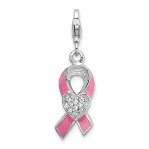 925 Silver 3-D Enameled CZ Pink Cancer Awareness Ribbon Heart Bracelet Charm